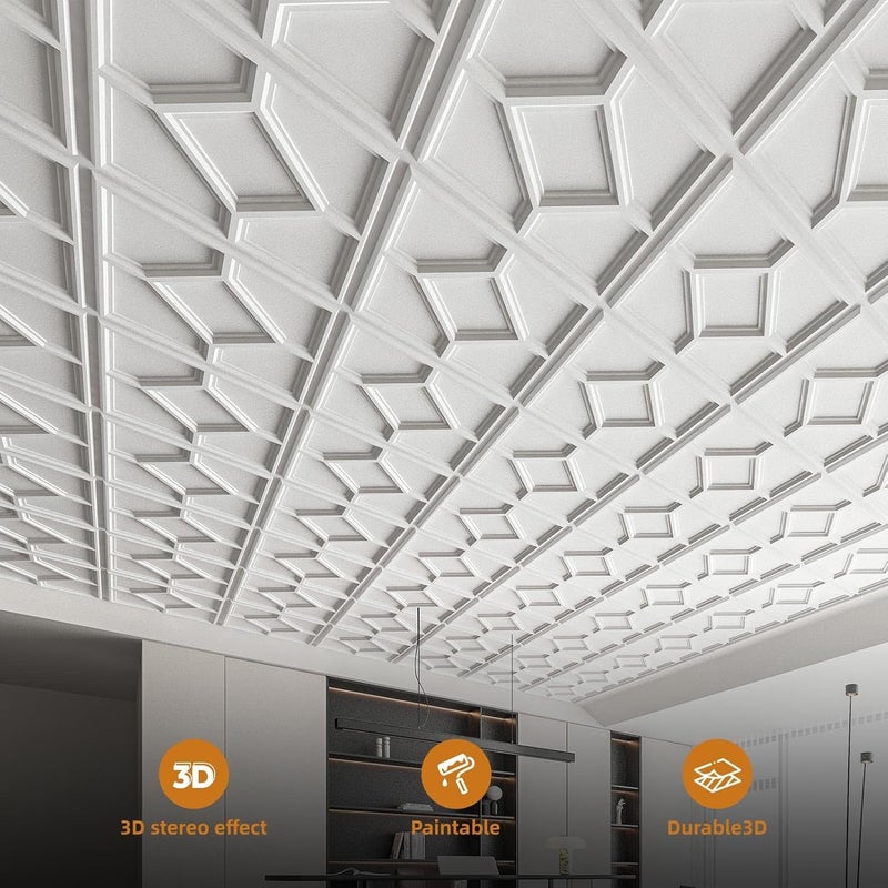 WOWSTAR 12-Pack 24"x24" Drop Ceiling Tiles, 3D Decorative Glue Up Ceiling Tiles, White - Image 3